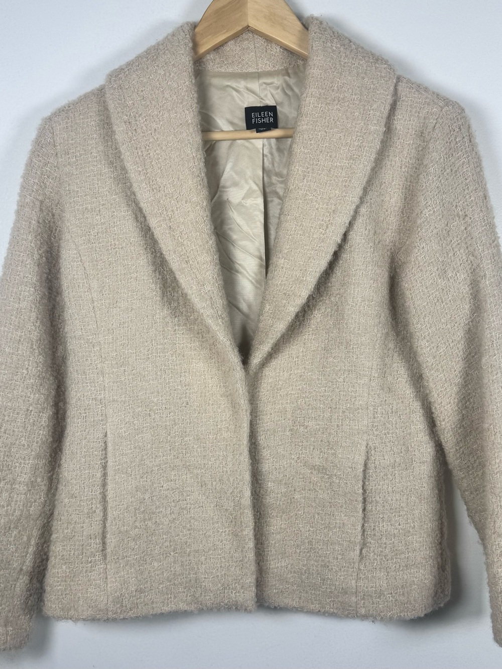 Eileen Fisher Wool Boucle Shawl Collar Cream Jacket Women’s X Small Preppy EUC